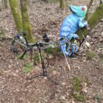 een 3D-target in de vorm van een kameleon met op de voorgrond een compound boog